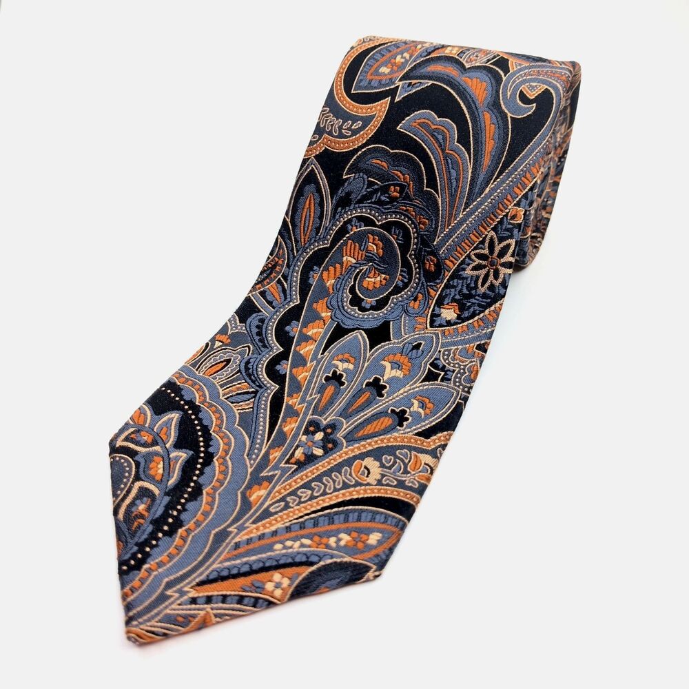 Geoffrey Beene Mens Neck Tie Shimmering Copper, Blue & Black Paisley Modern 3"